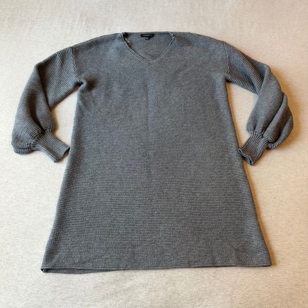 Staccato Grey‎ Ribbed V-Neck Balloon Sleeve Sweater Dress Tunic 52883 Womens L